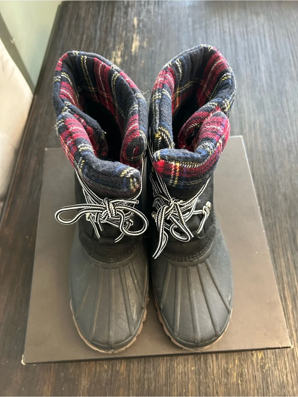 J. Crew Black Duck Boots with Red Plaid Cuff